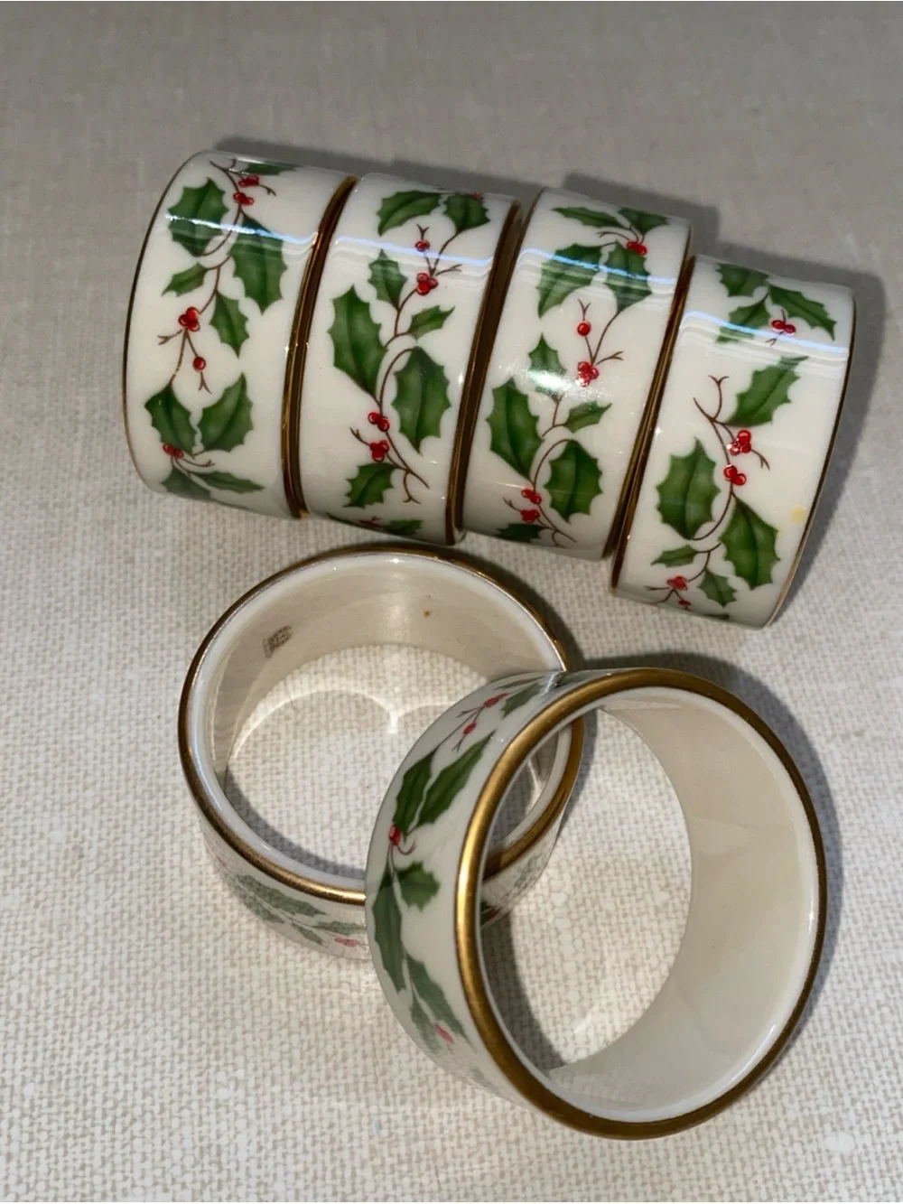 Lenox Holiday Holly Berries Napkin Rings Holders Set Of 6 Gold Trim Vintage